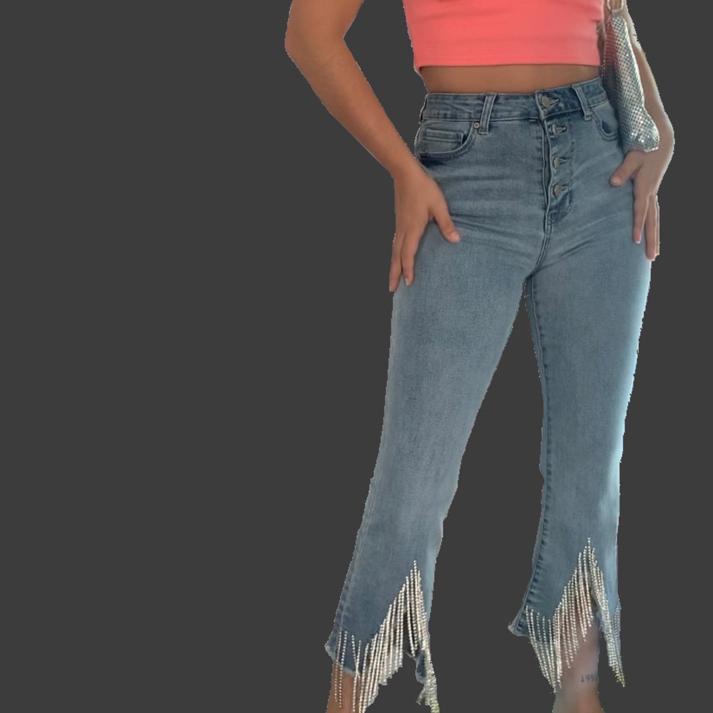 FOREVER 21 High-Rise Rhinestone-Hem Jeans